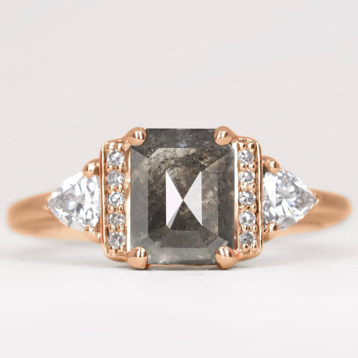 Ophelia - Emerald Cut Salt & Pepper Diamond Art Deco Engagement Ring Engagement Rings - Price On Application