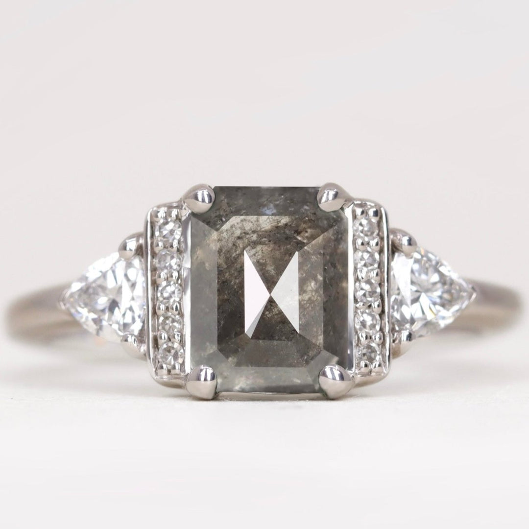 Ophelia - Emerald Cut Salt & Pepper Diamond Art Deco Engagement Ring Engagement Rings - Price On Application