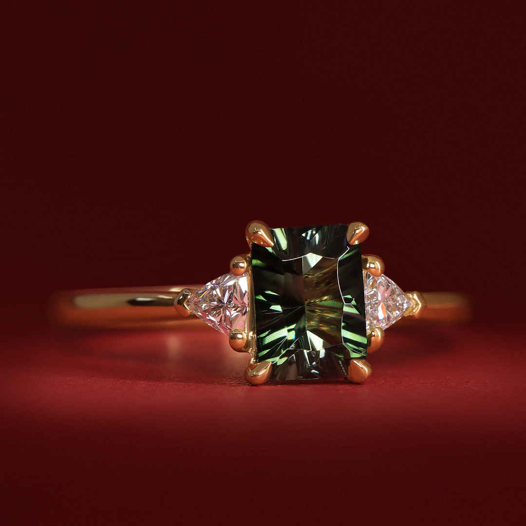Delphine - Optix Emerald Cut Green Tourmaline Trilogy Engagement Ring Engagement Rings - Made-to-Order