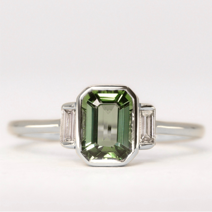 Phoebe - Emerald Cut Green Teal Tourmaline Bezel Set Art Deco Trilogy Engagement Ring Engagement Rings - Made-to-Order