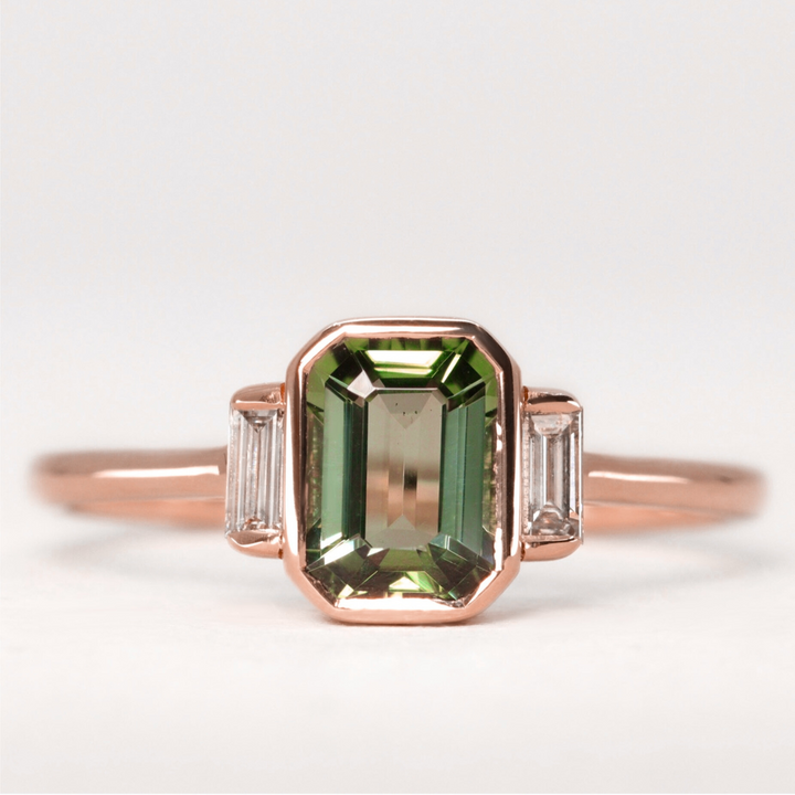 Phoebe - Emerald Cut Green Teal Tourmaline Bezel Set Art Deco Trilogy Engagement Ring Engagement Rings - Made-to-Order