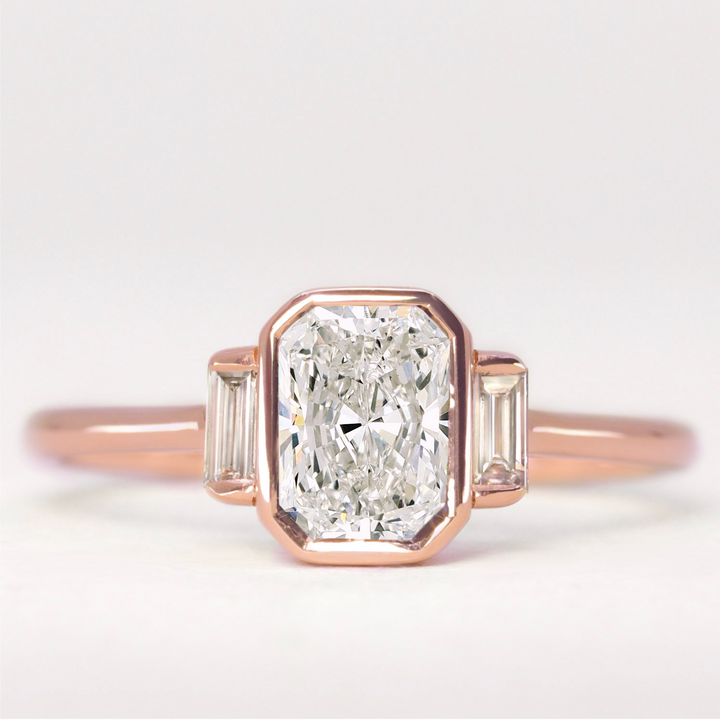 Phoebe - Radiant Cut Diamond Bezel Set Trilogy Engagement Ring Setting