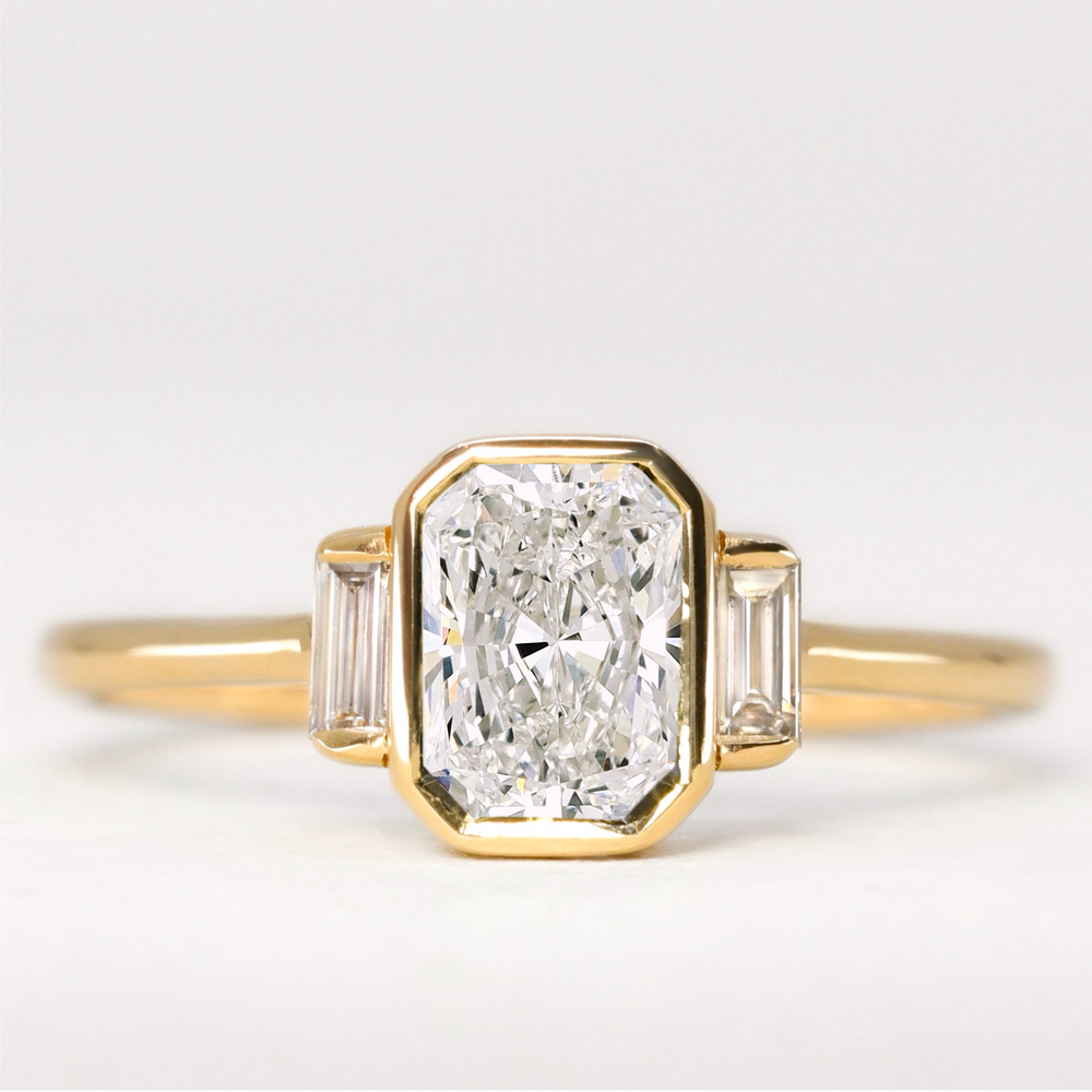 Phoebe - Radiant Cut Diamond Bezel Set Trilogy Engagement Ring Setting