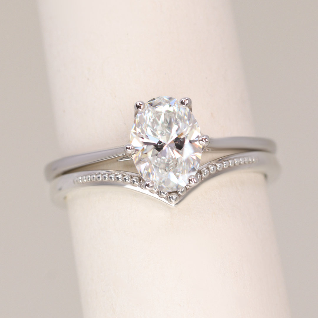 Bridal Set - Raine & Hadley - Oval Cut Lab Grown Diamond Solitaire Engagement Ring and Wishbone Vintage Style Wedding Ring Bridal Sets