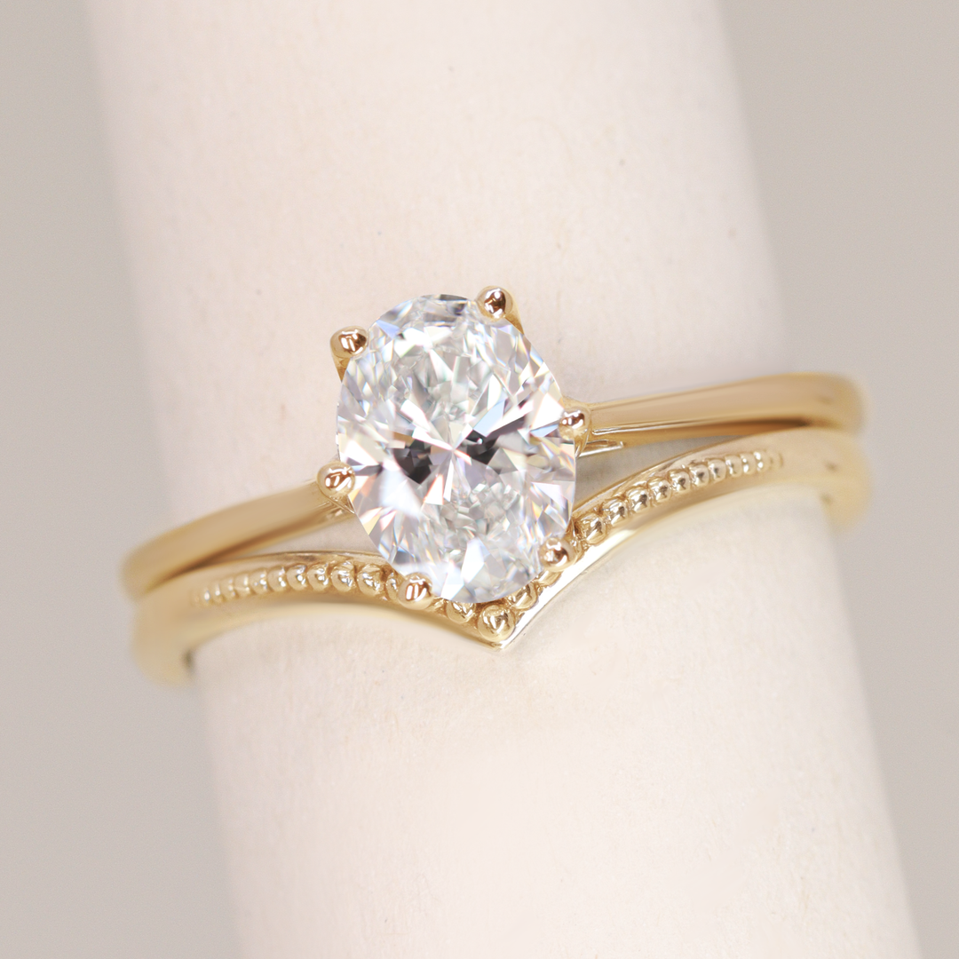 Bridal Set - Raine & Hadley - Oval Cut Lab Grown Diamond Solitaire Engagement Ring and Wishbone Vintage Style Wedding Ring Bridal Sets
