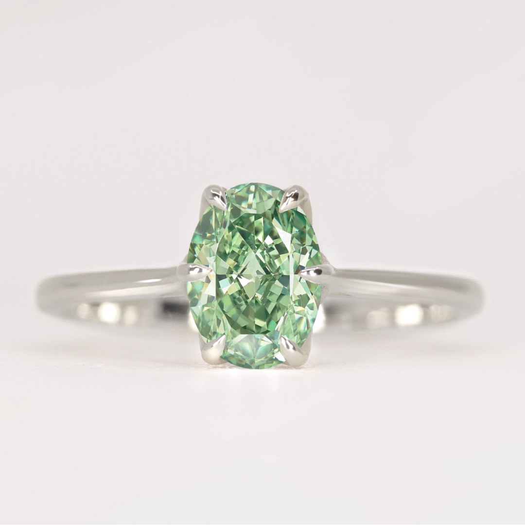 Raine - Oval Cut Green Lab Grown Diamond Lotus Flower Solitaire Engagement Ring Engagement Rings - Price On Application