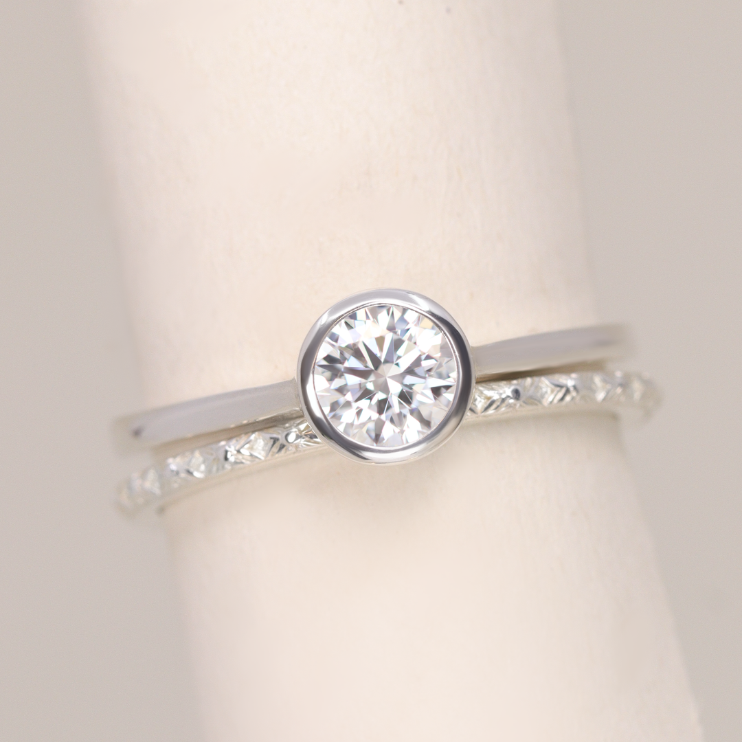 Bridal Set - Sabrina, Flora & Peggy - Round Bezel Set Lab Grown Diamond Solitaire Engagement Ring and Floral or Polished Wedding Ring Bridal Sets