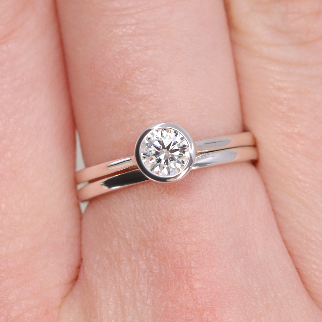 Bridal Set - Sabrina, Flora & Peggy - Round Bezel Set Lab Grown Diamond Solitaire Engagement Ring and Floral or Polished Wedding Ring Bridal Sets