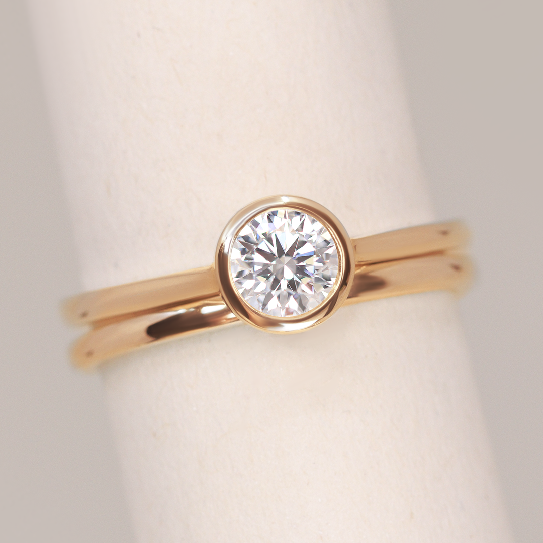 Bridal Set - Sabrina, Flora & Peggy - Round Bezel Set Lab Grown Diamond Solitaire Engagement Ring and Floral or Polished Wedding Ring Bridal Sets