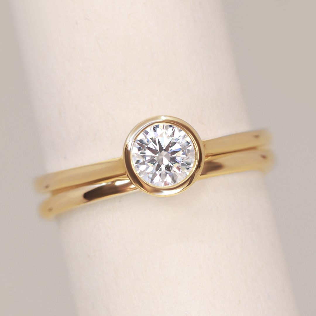 Bridal Set - Sabrina, Flora & Peggy - Round Bezel Set Lab Grown Diamond Solitaire Engagement Ring and Floral or Polished Wedding Ring Bridal Sets
