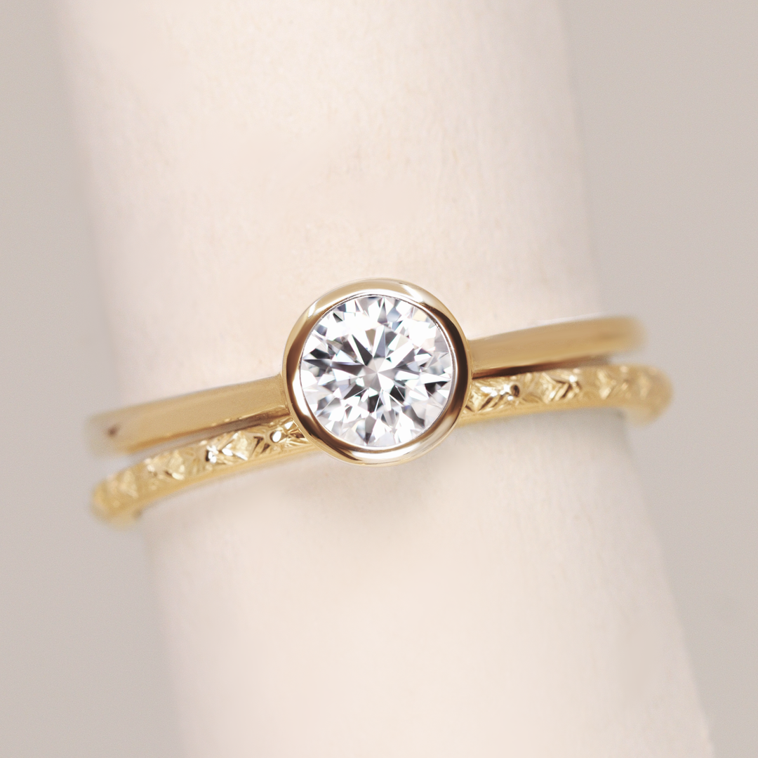 Bridal Set - Sabrina, Flora & Peggy - Round Bezel Set Lab Grown Diamond Solitaire Engagement Ring and Floral or Polished Wedding Ring Bridal Sets