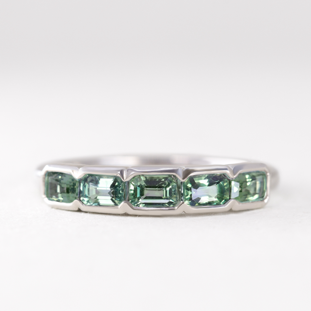 Sage - Emerald Cut Green Sapphire 5 Stone Ring Wedding Rings - Made-to-Order