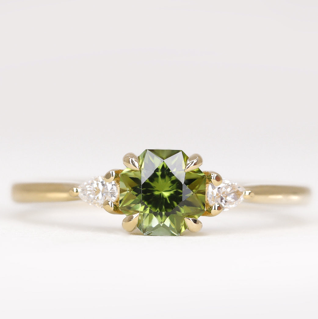 Elspeth - Green Fancy Cut Octagon Tourmaline and Diamond Trilogy Engagement Ring Engagement Rings - Price On Application