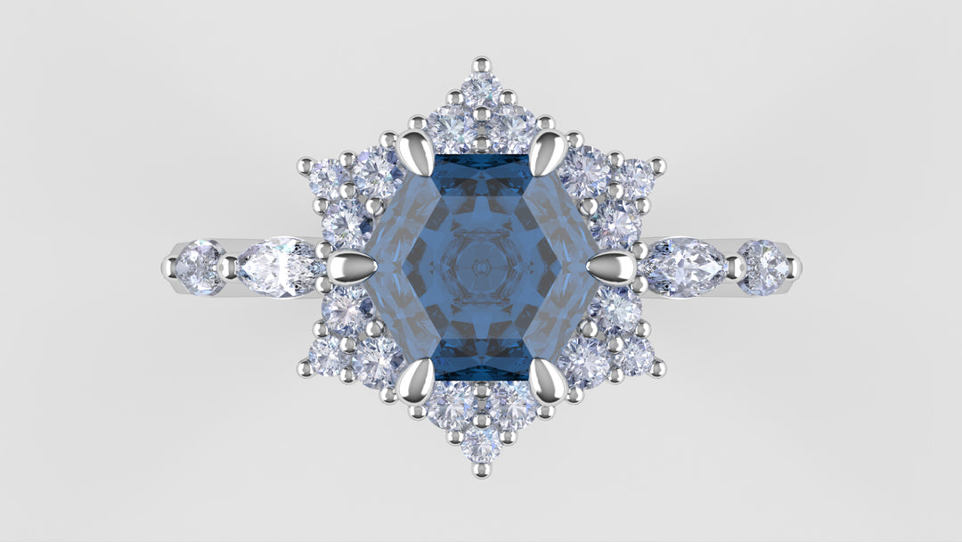 Daisy - The Taylor Collection - Hexagon Cut Blue Moissanite Cluster Halo Engagement Ring Engagement Rings - Price On Application