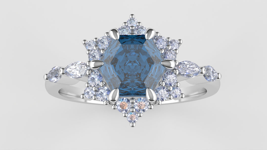Daisy - The Taylor Collection - Hexagon Cut Blue Moissanite Cluster Halo Engagement Ring Engagement Rings - Price On Application