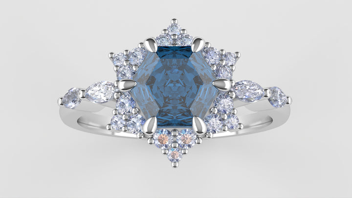 Daisy - The Taylor Collection - Hexagon Cut Blue Moissanite Cluster Halo Engagement Ring Engagement Rings - Price On Application