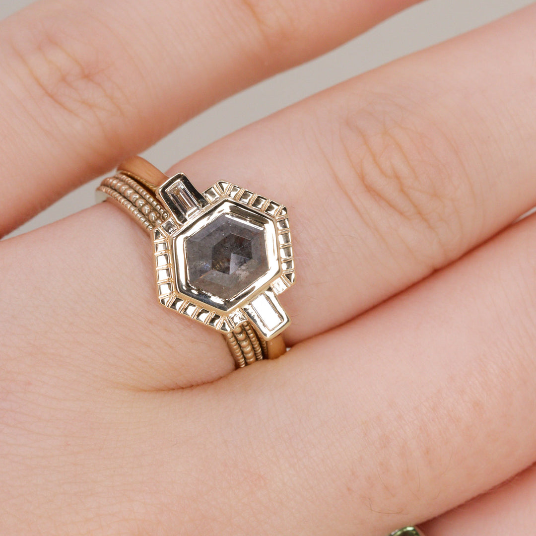 Olivia - Salt & Pepper Diamond Art Deco Halo Ring - Ready-to-Wear Engagement Rings - Ready-to-Ship