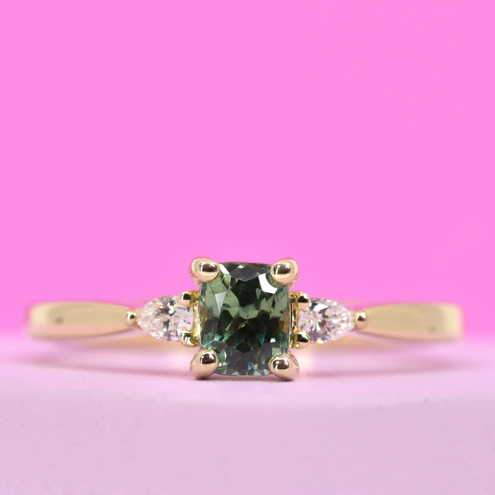 Elspeth - Cushion Cut Green Teal Sapphire and Pear Shaped Lab Grown Diamond Trilogy Engagement Ring - Custom Made-to-Order Design