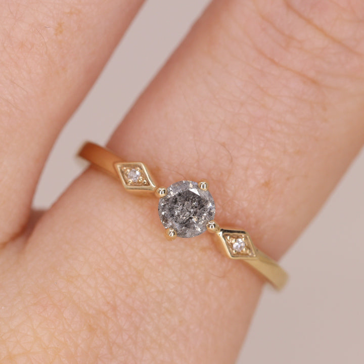 Hollie - Round Brilliant Cut Salt and Pepper Diamond Art Deco Trilogy Engagement Ring Engagement Rings - Made-to-Order