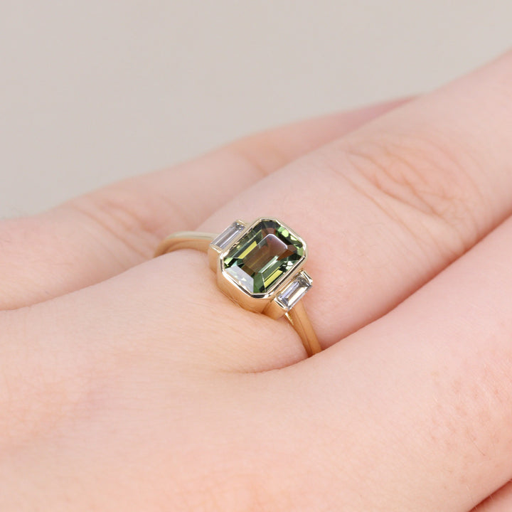 Phoebe - Emerald Cut Green Teal Tourmaline Bezel Set Art Deco Trilogy Engagement Ring Engagement Rings - Made-to-Order