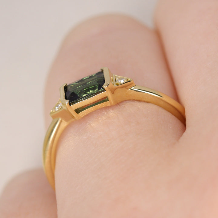 Hattie - Optix Emerald Cut Green Tourmaline East-West Art Deco Trilogy Engagement Ring Engagement Rings - Made-to-Order