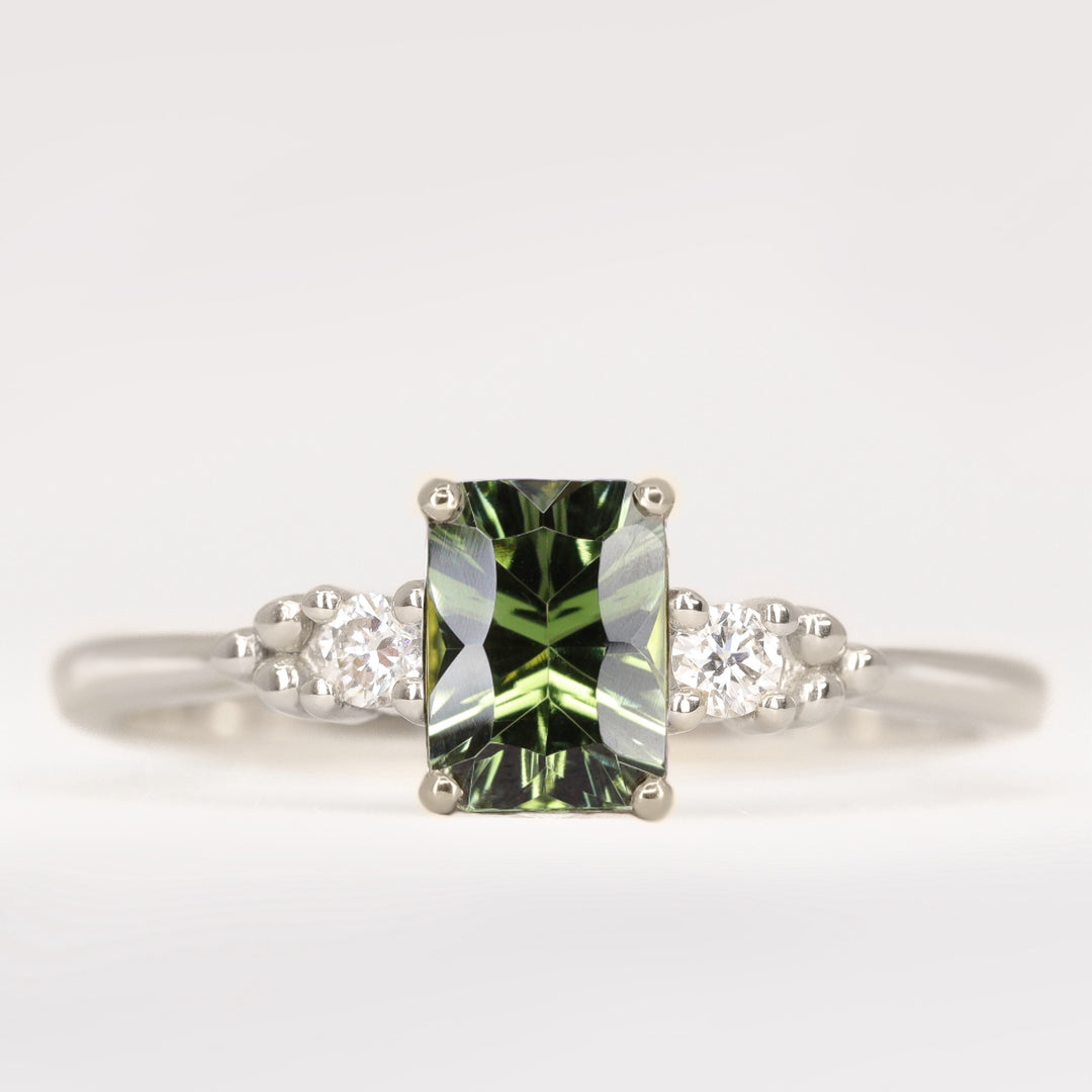 Natalia - Octagon Cut Optix Green Tourmaline and Diamond Trilogy Engagement Ring Engagement Rings - Made-to-Order