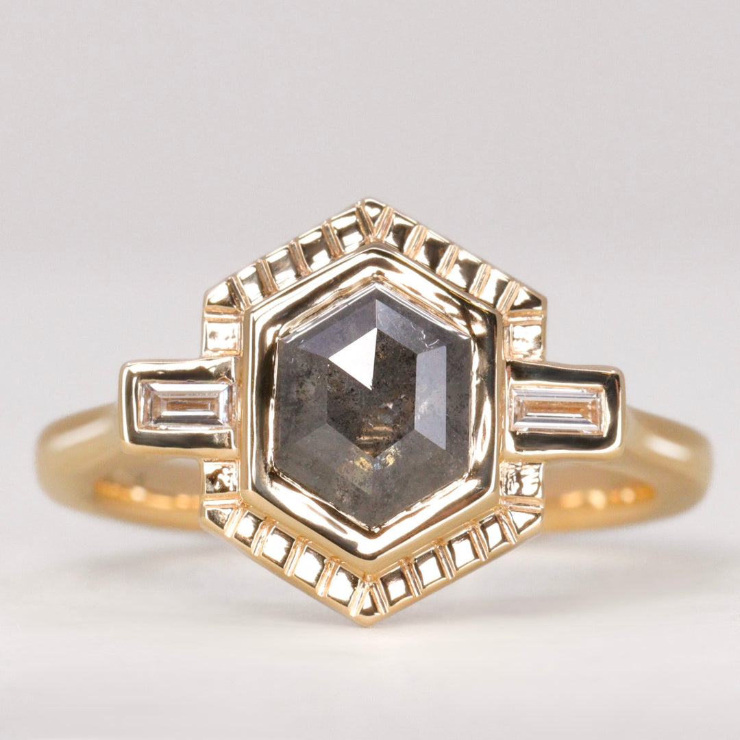 Olivia - Salt & Pepper Diamond Art Deco Halo Ring - Ready-to-Wear Engagement Rings - Ready-to-Ship