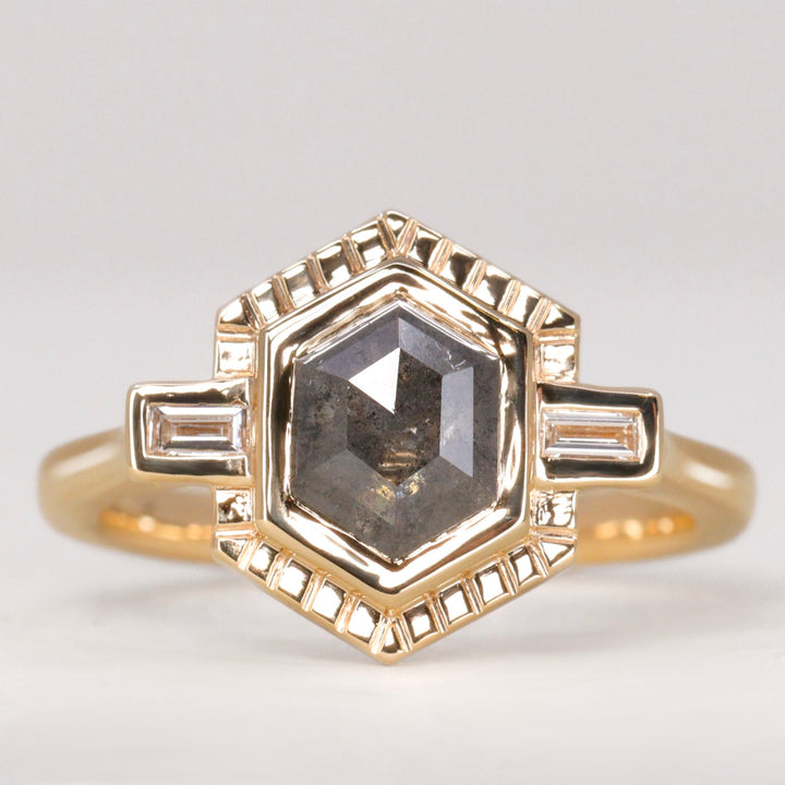 Olivia - Salt & Pepper Diamond Art Deco Halo Ring - Ready-to-Wear Engagement Rings - Ready-to-Ship