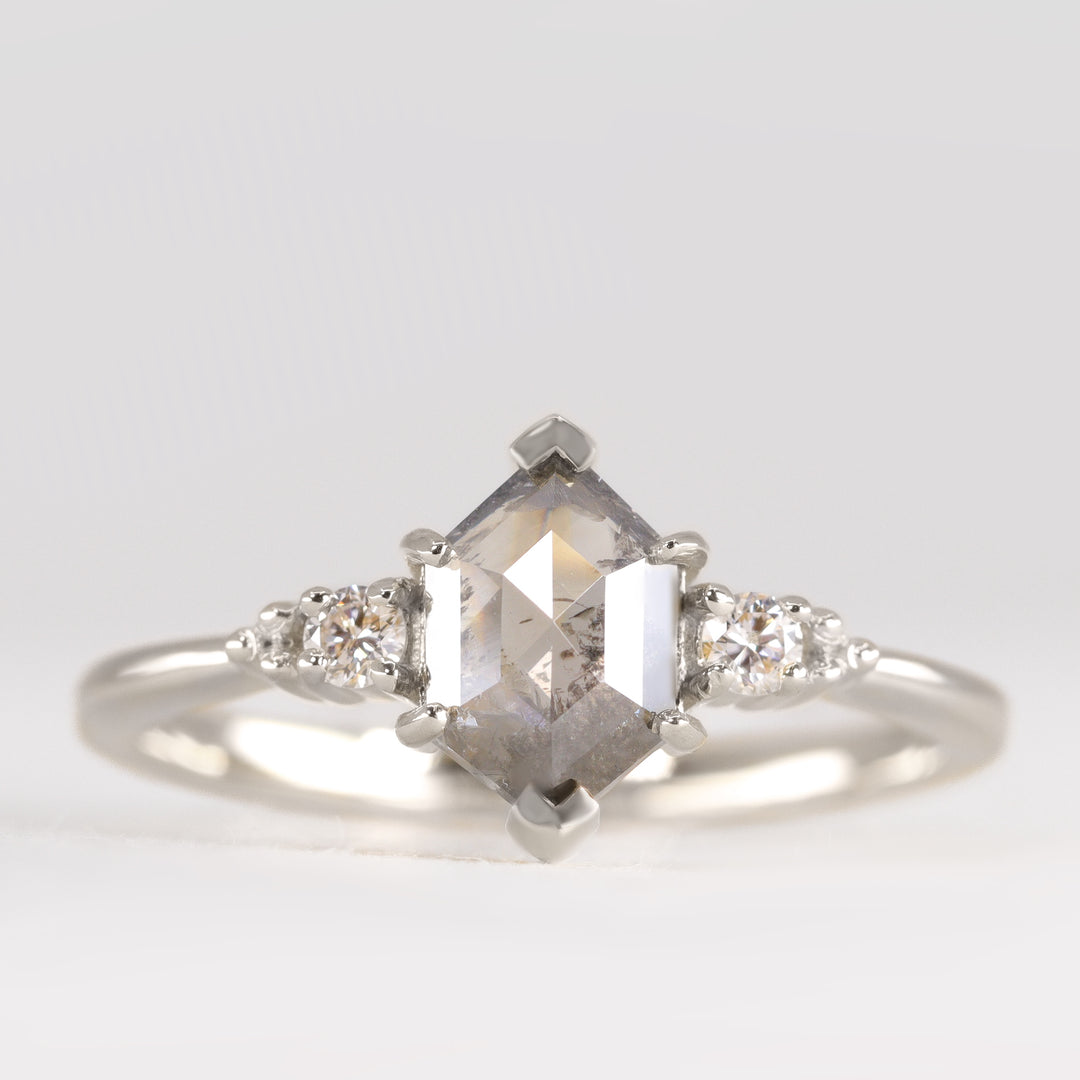 Natalia - Hexagon Rose Cut Salt & Pepper Diamond Trilogy Engagement Ring Engagement Rings - Price On Application