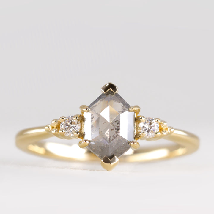 Natalia - Hexagon Rose Cut Salt & Pepper Diamond Trilogy Engagement Ring Engagement Rings - Price On Application