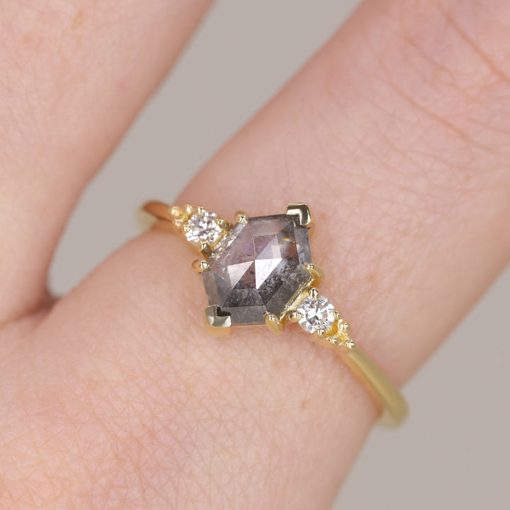 Natalia - Hexagon Rose Cut Salt & Pepper Diamond Trilogy Engagement Ring Engagement Rings - Price On Application