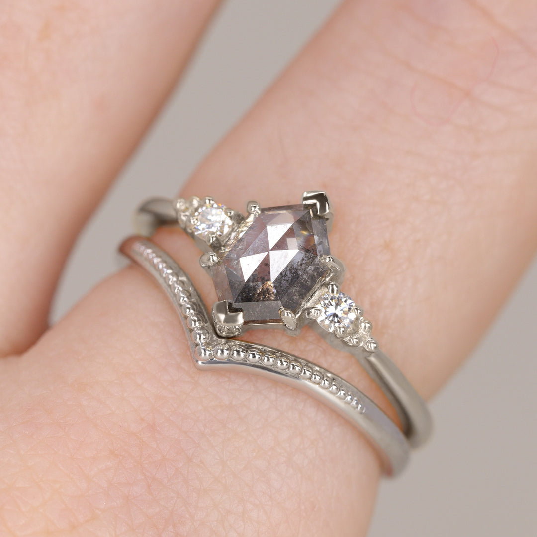 Natalia - Hexagon Rose Cut Salt & Pepper Diamond Trilogy Engagement Ring Engagement Rings - Price On Application