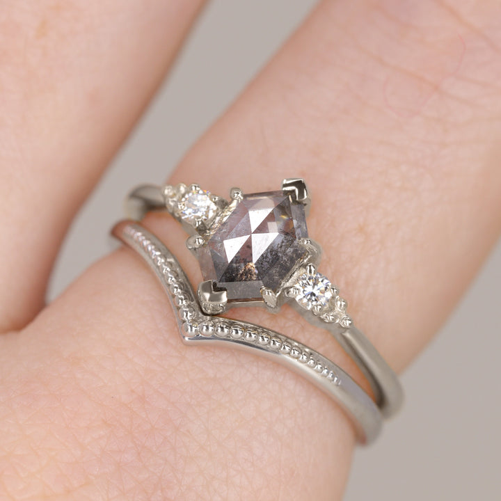 Natalia - Hexagon Rose Cut Salt & Pepper Diamond Trilogy Engagement Ring Engagement Rings - Price On Application