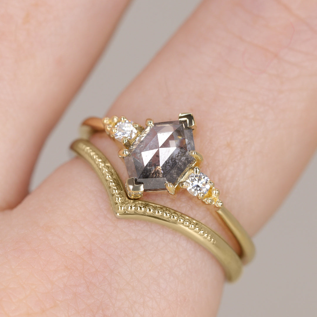 Natalia - Hexagon Rose Cut Salt & Pepper Diamond Trilogy Engagement Ring Engagement Rings - Price On Application
