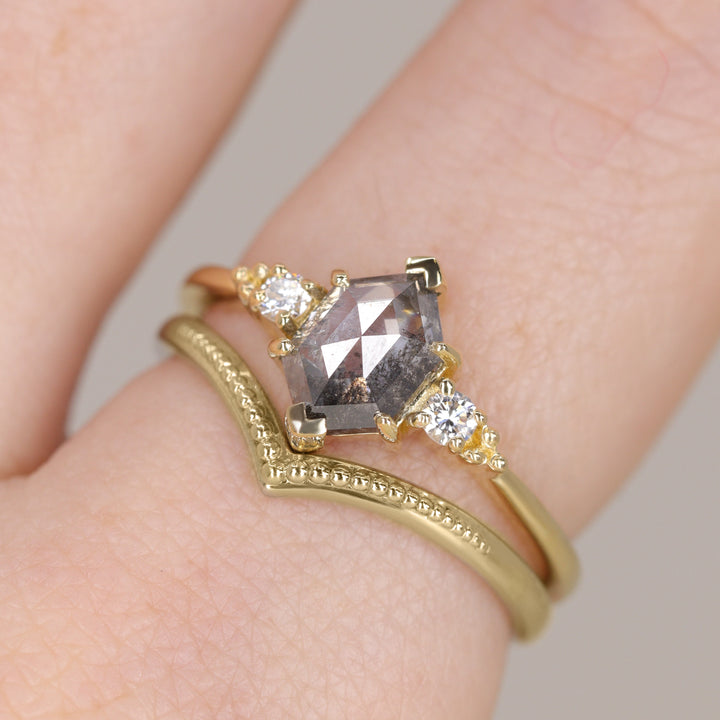 Natalia - Hexagon Rose Cut Salt & Pepper Diamond Trilogy Engagement Ring Engagement Rings - Price On Application