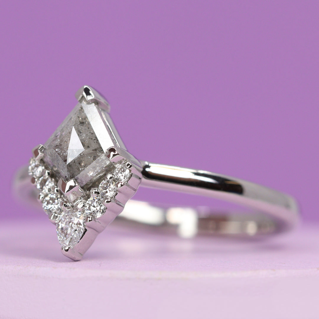 Celeste - Kite Cut Salt and Pepper Diamond Engagement Ring with Diamond Set Crown in Platinum - Ready-to-Wear