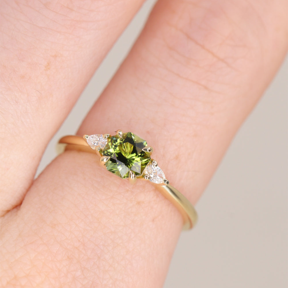 Elspeth - Green Fancy Cut Octagon Tourmaline and Diamond Trilogy Engagement Ring Engagement Rings - Price On Application