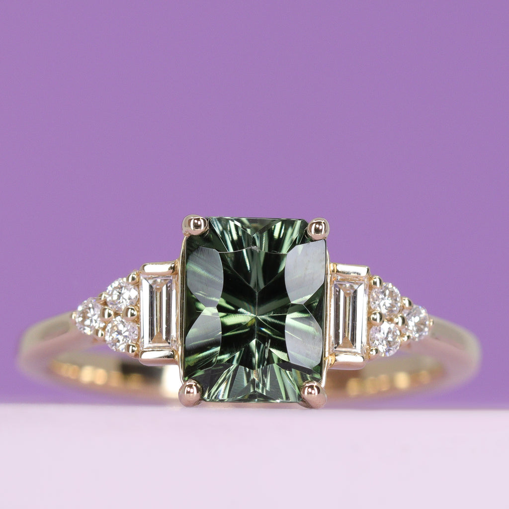 Arden - Optix Octagon Cut Green Teal Tourmaline Art Deco Engagement Ring with Lab Grown Diamond Side Stones - Made-to-Order