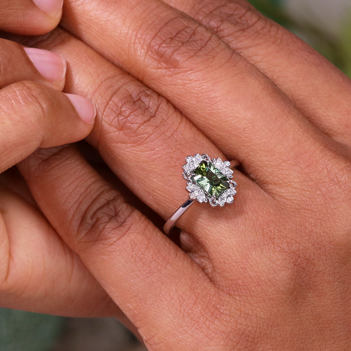 Annette - Green Tourmaline Floral Halo Ring - Ready-To-Set Engagement Rings - Ready-to-Ship