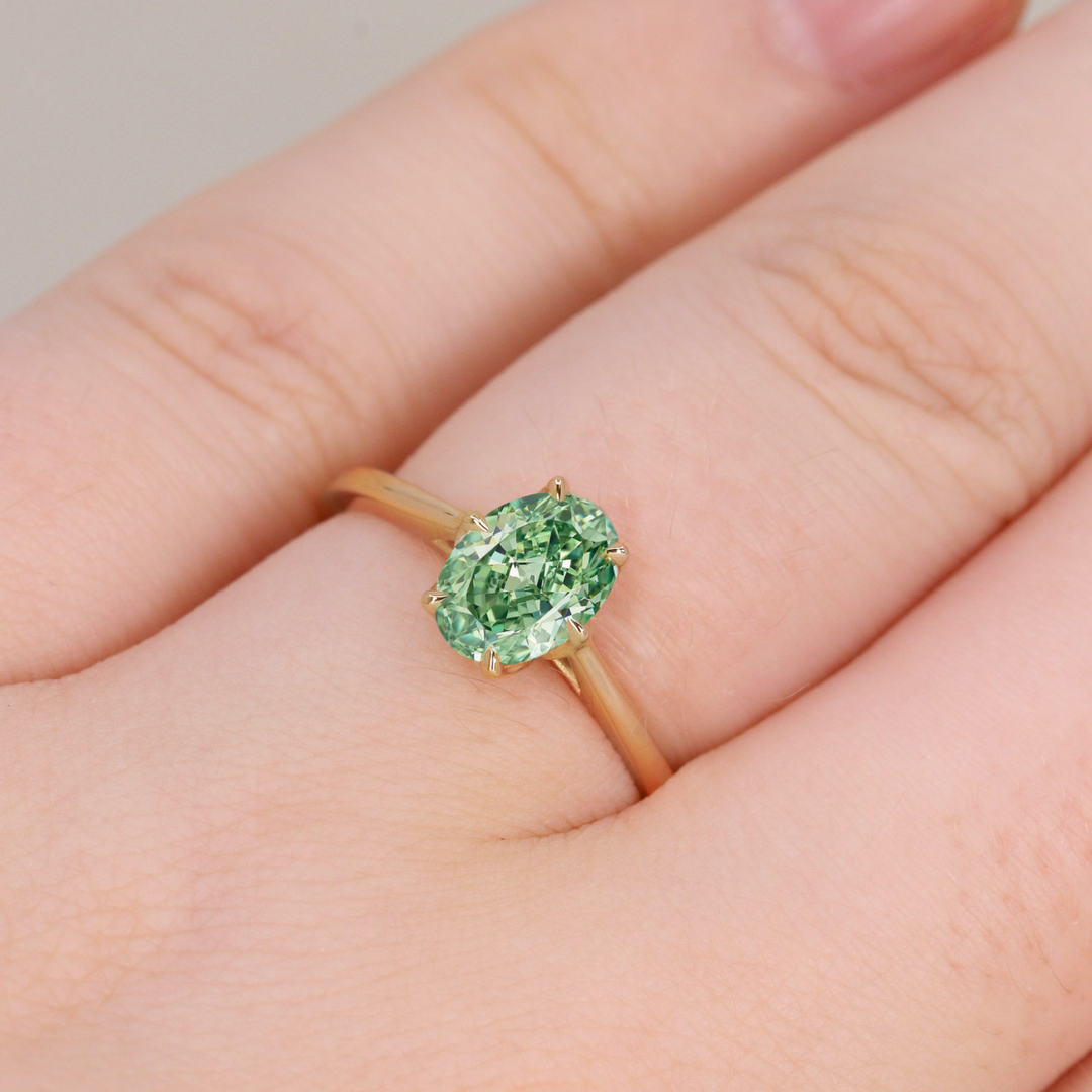 Raine - Oval Cut Green Lab Grown Diamond Lotus Flower Solitaire Engagement Ring Engagement Rings - Price On Application
