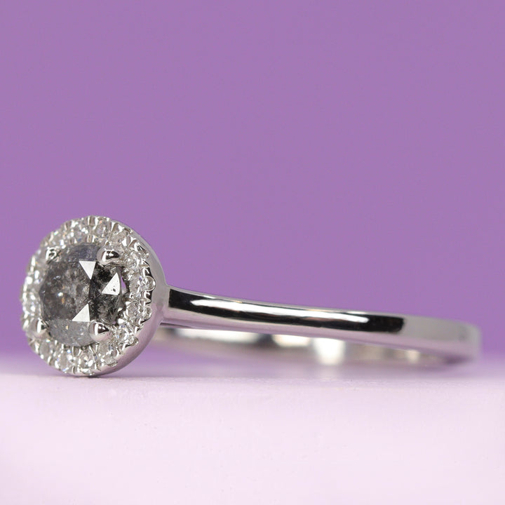 April - Round Salt and Pepper Diamond and Round Brilliant Cut Halo Petite Engagement Ring - Made-to-Order