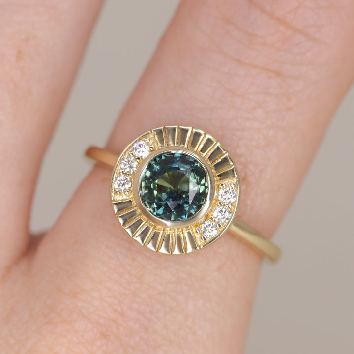 Addison - Teal Sapphire Art Deco Halo Engagement Ring Engagement Rings - Price On Application