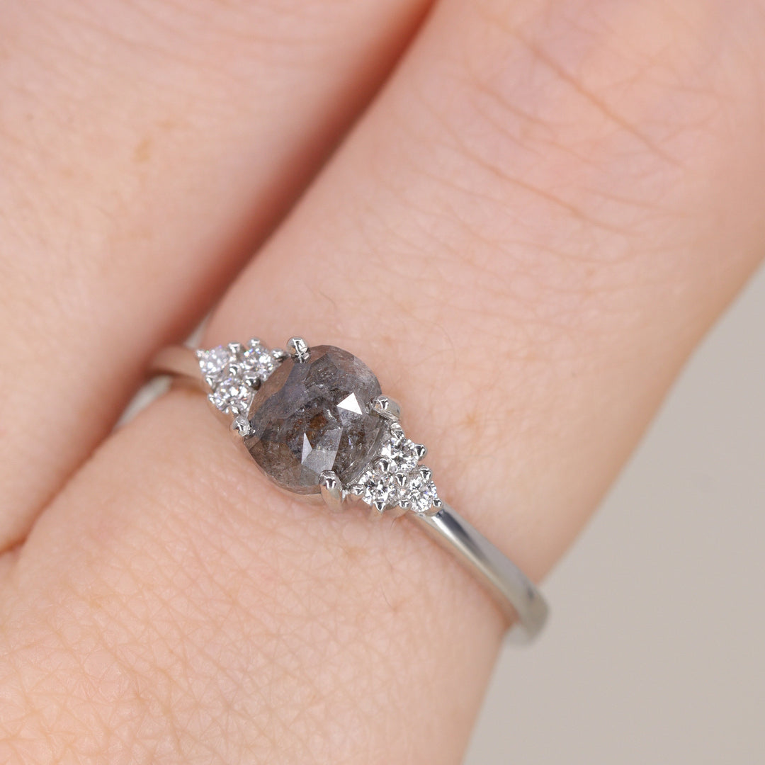 Henrietta - Oval Cut Salt and Pepper Diamond Cluster Engagement Ring Engagement Rings - Price On Application
