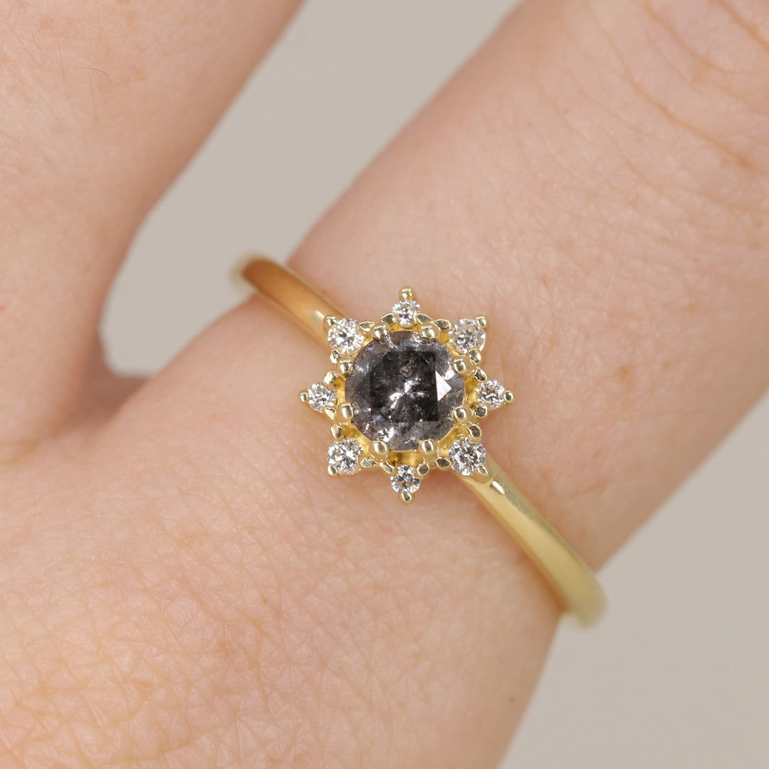 Mabel - Salt & Pepper Diamond Halo Ring - Ready-to-Wear Engagement Rings - Ready-to-Ship