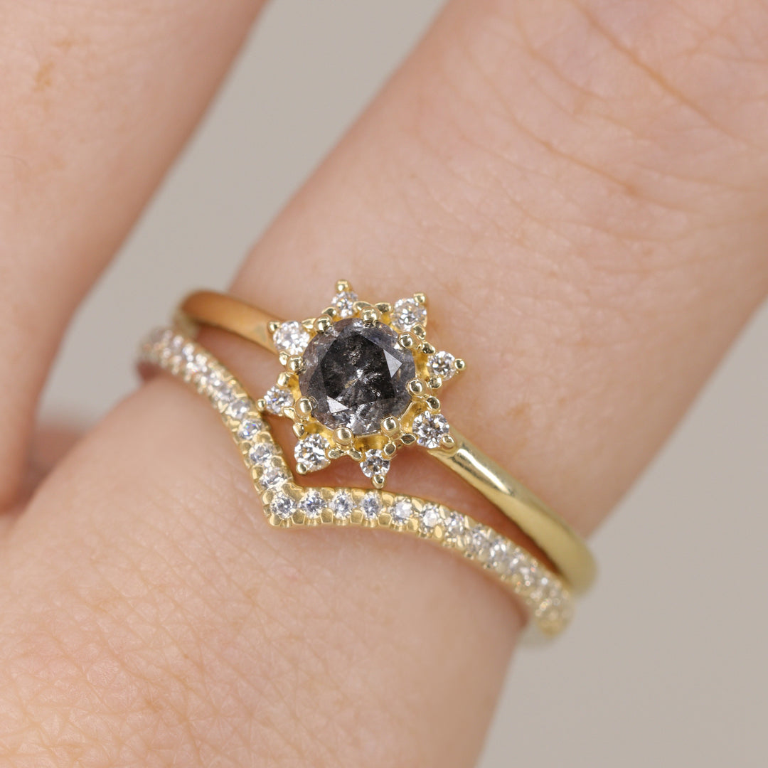 Mabel - Salt & Pepper Diamond Halo Ring - Ready-to-Wear Engagement Rings - Ready-to-Ship