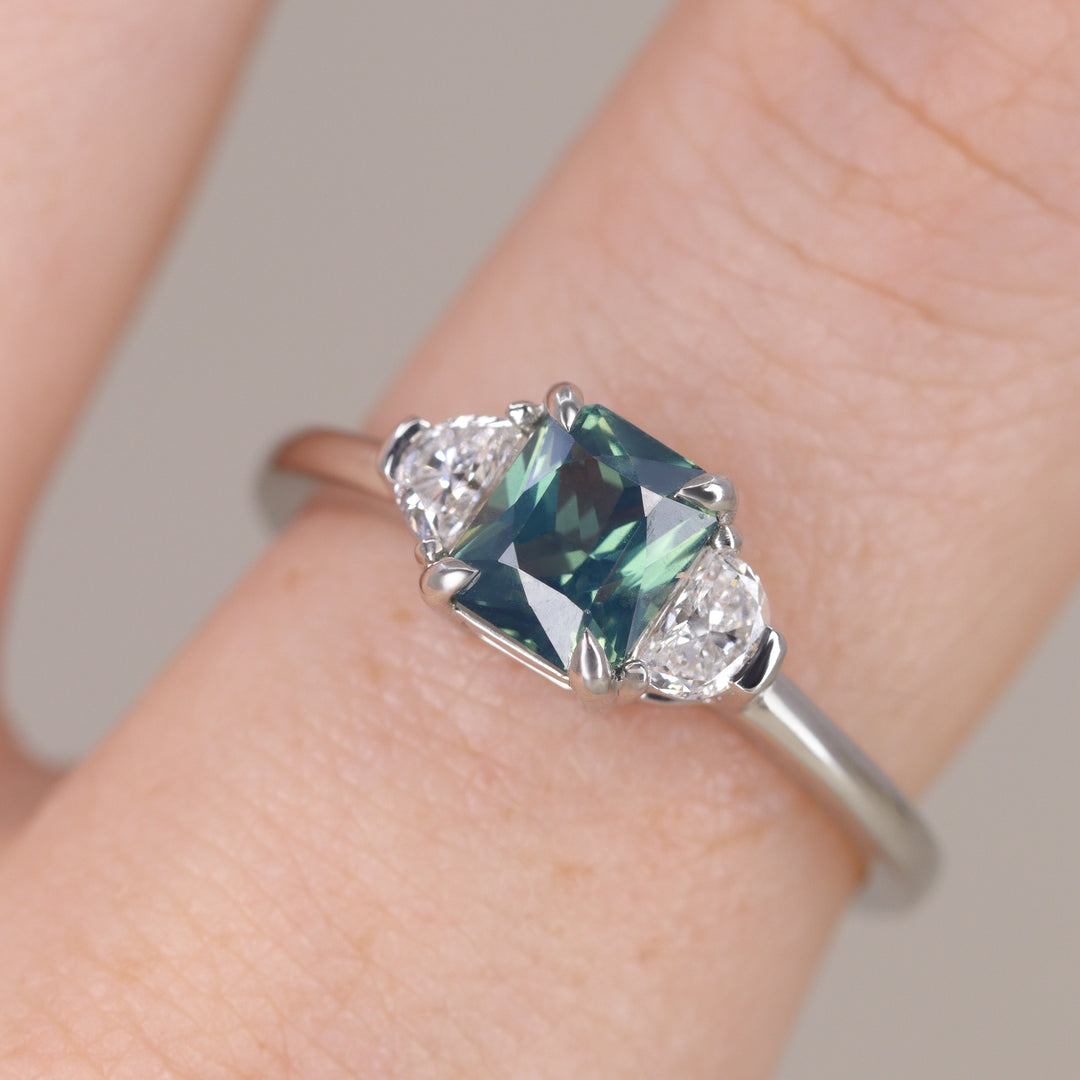 Luna - Radiant Cut Teal Sapphire Trilogy Engagement Ring Engagement Rings - Price On Application