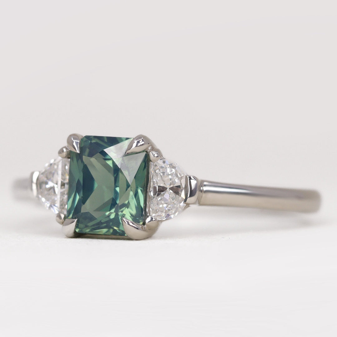 Luna - Radiant Cut Teal Sapphire Trilogy Engagement Ring Engagement Rings - Price On Application