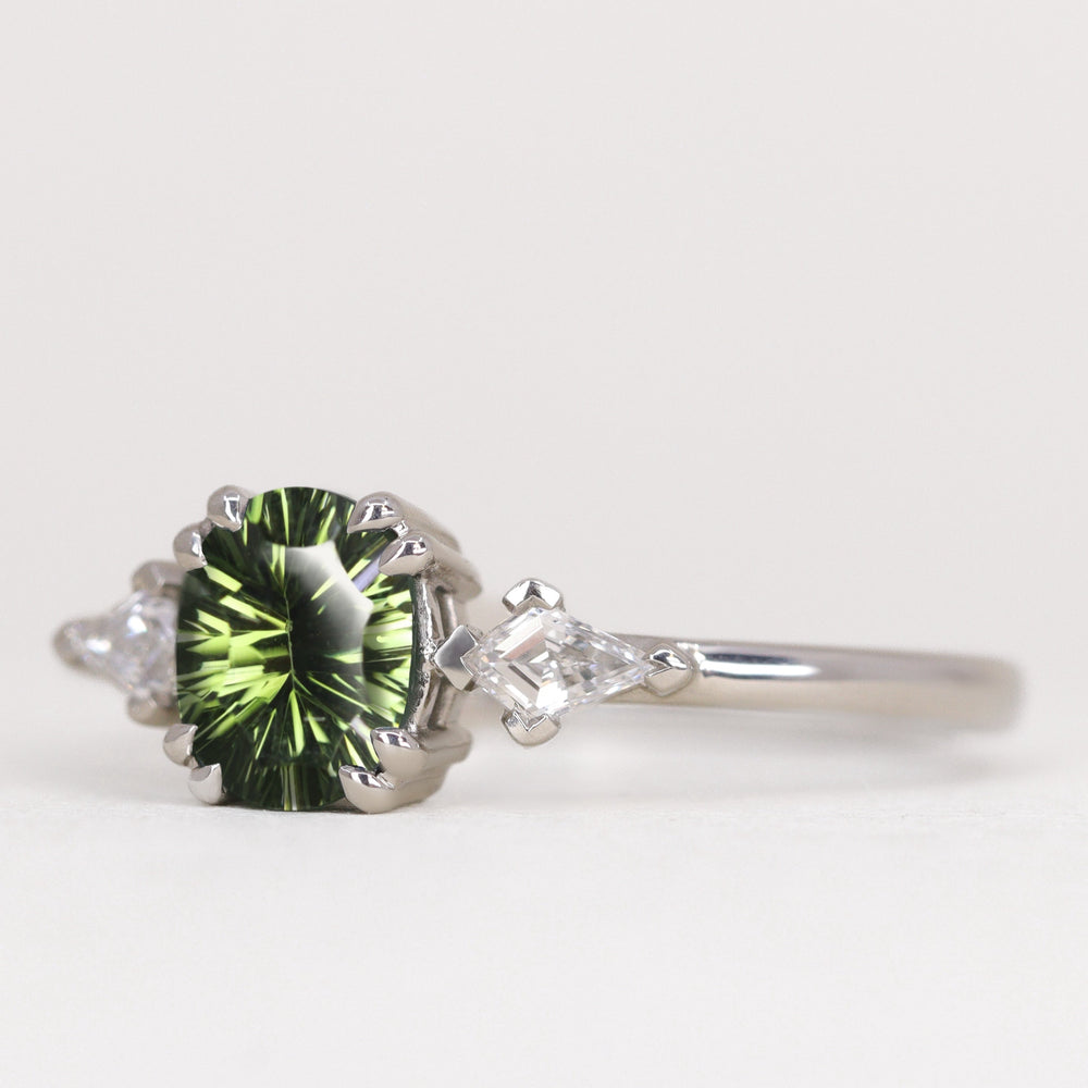 Dahlia - Oval Optix Cut Green Tourmaline Trilogy Engagement Ring Engagement Rings - Made-to-Order