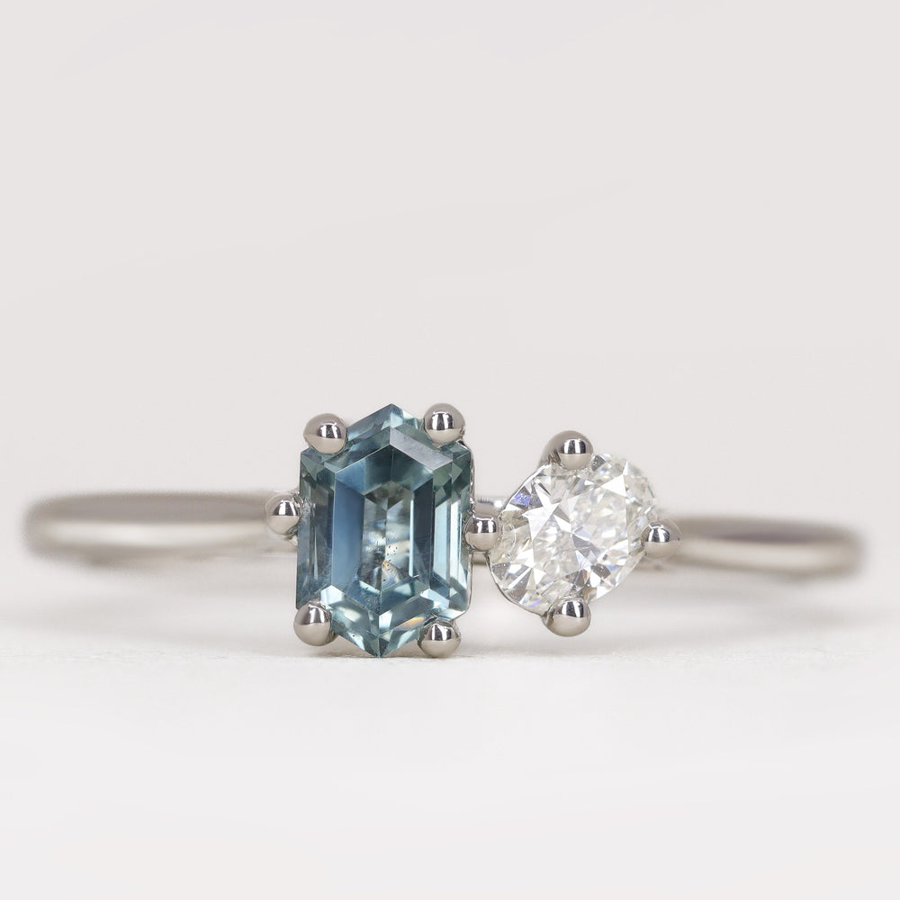 Juno - Hexagon Cut Teal Sapphire and Oval Diamond Toi et Moi Engagement Ring Engagement Rings - Price On Application