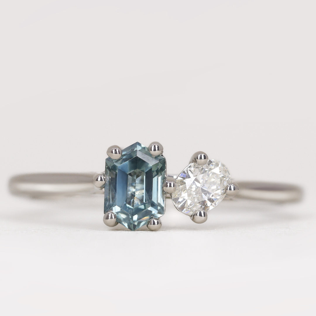 Juno - Hexagon Cut Teal Sapphire and Oval Diamond Toi et Moi Engagement Ring Engagement Rings - Price On Application